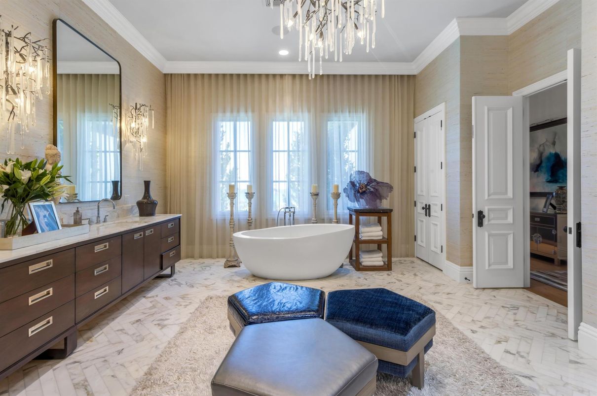 Bathroom, Chandelier, Dual Sink Vanities, Free Standing Baths, Interior, Marble