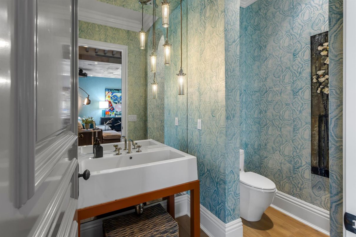 Bathroom, Glass Shower, Interior, Pendant Lights, Wood Texture Flooring