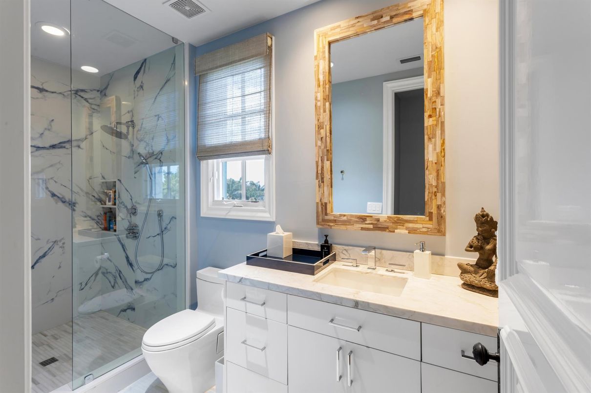 Bathroom, Glass Shower, Interior, Marble Walls, Recessed Lighting