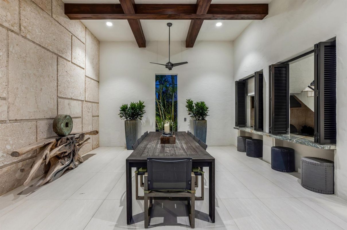 Dining room, Interior, Recessed Lighting, Stone Walls, Wooden Beams