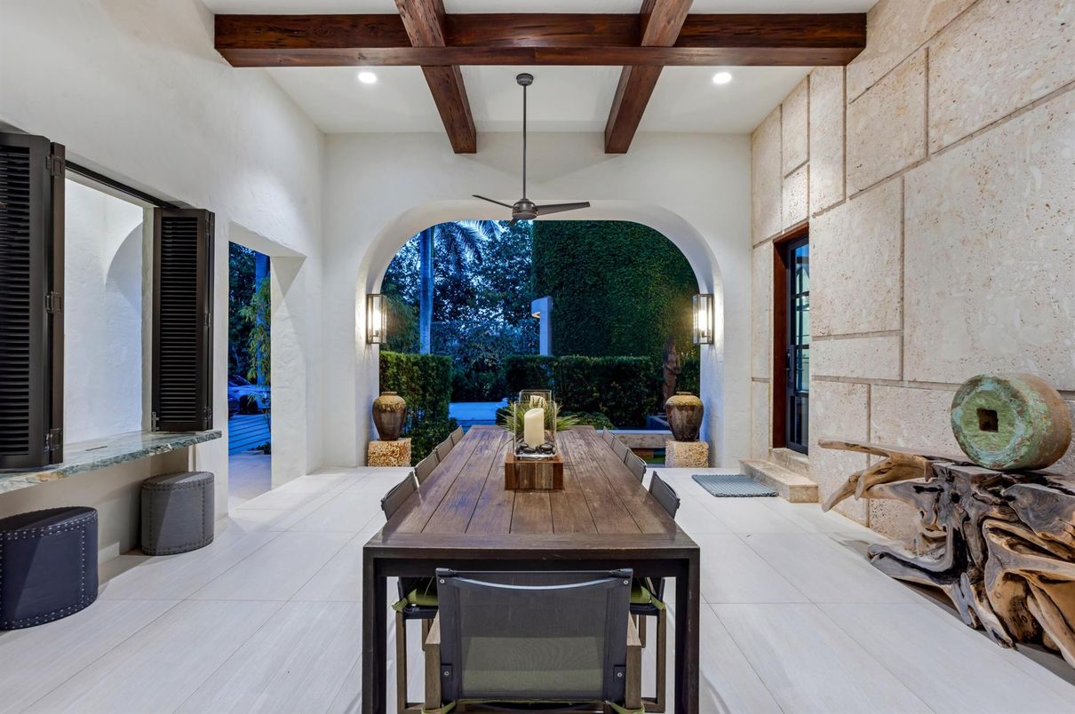 Interior, Recessed Lighting, Stone Walls, Wooden Beams
