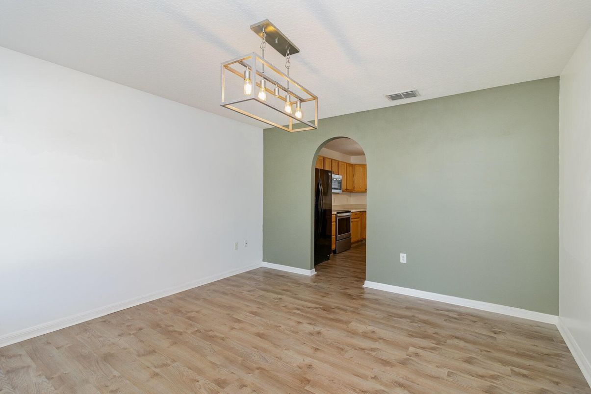 Empty room, Interior, Kitchen, Pendant Lights, Wood Texture Flooring