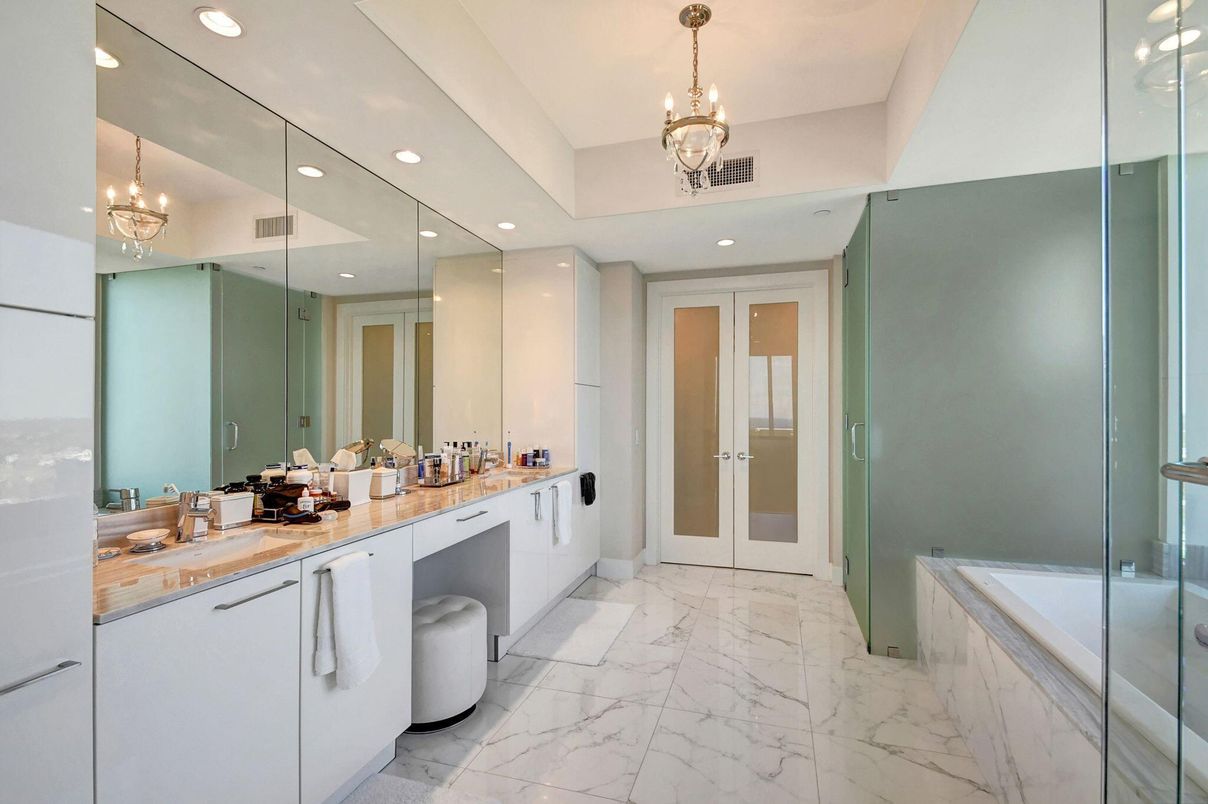 Bathroom, Chandelier, Glass Shower, Interior, Marble, Pendant Lights, Recessed Lighting