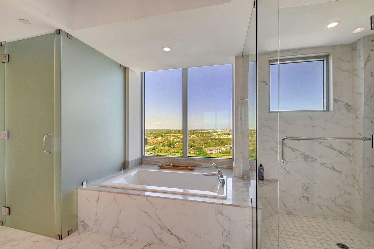 Bathroom, Glass Shower, Interior, Marble, Marble Walls, Recessed Lighting