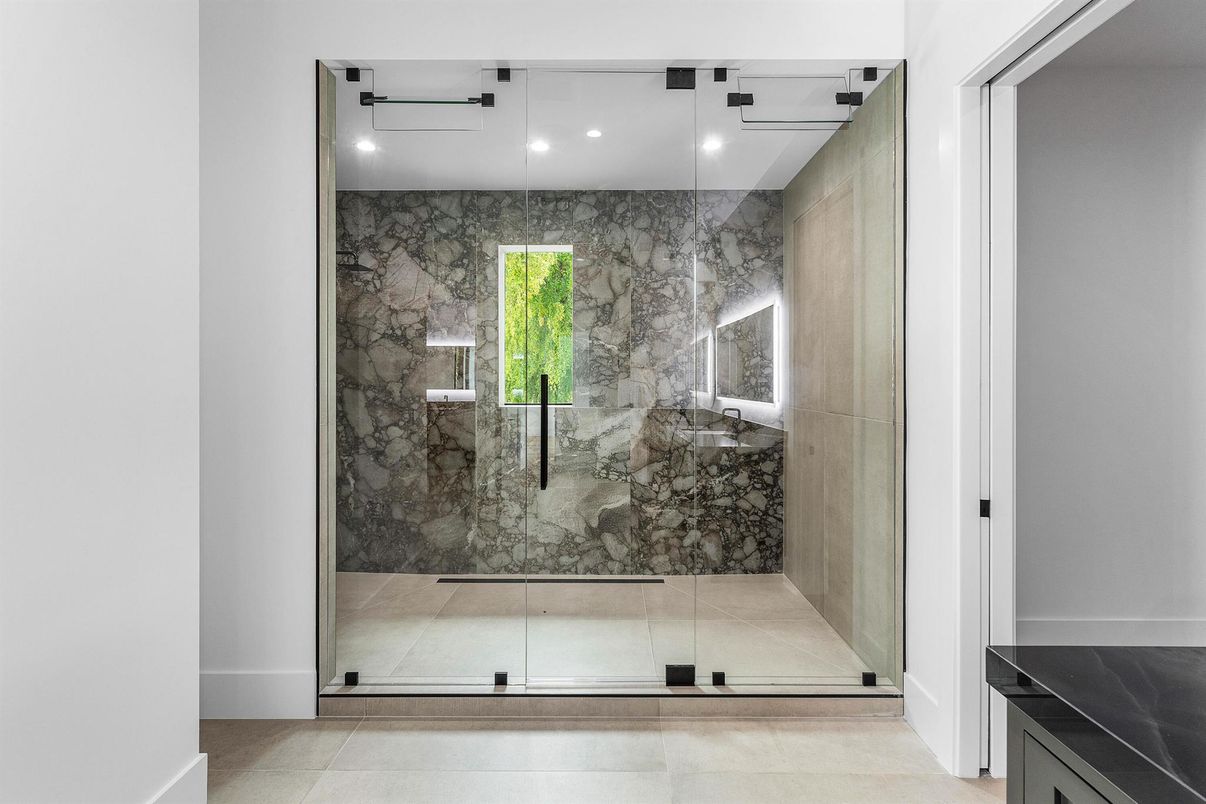 Bathroom, Glass Shower, Interior, Marble Walls, Recessed Lighting
