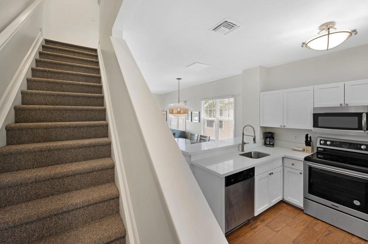 Interior, Kitchen, Pendant Lights, Stainless Steel Appliances, Wood Texture Flooring