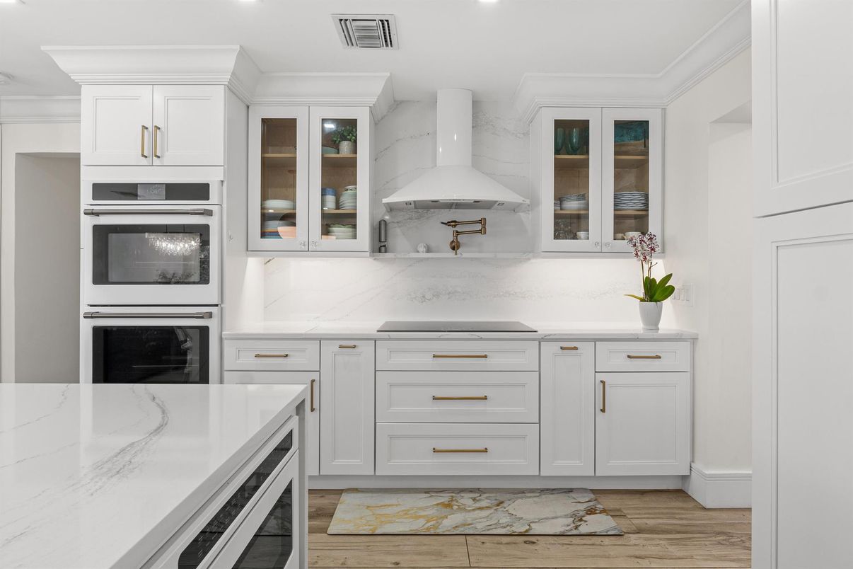 Interior, Kitchen, Marble Walls, Recessed Lighting, Wood Texture Flooring