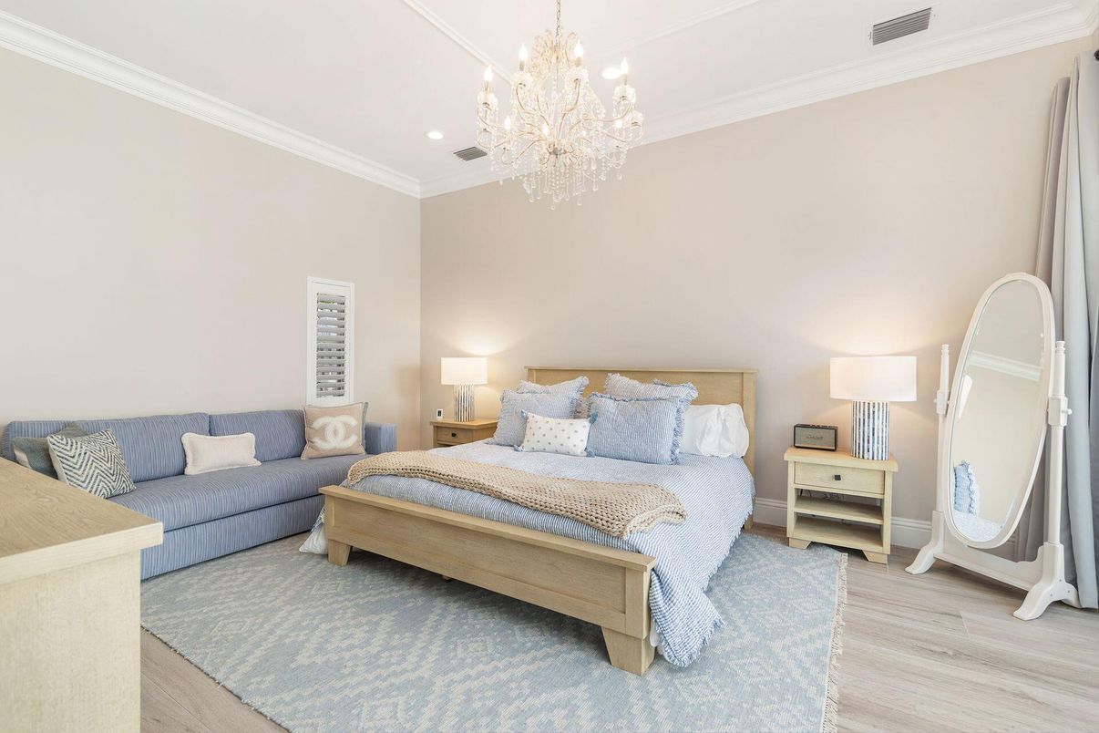 Bedroom, Chandelier, Interior, Recessed Lighting, Wood Texture Flooring