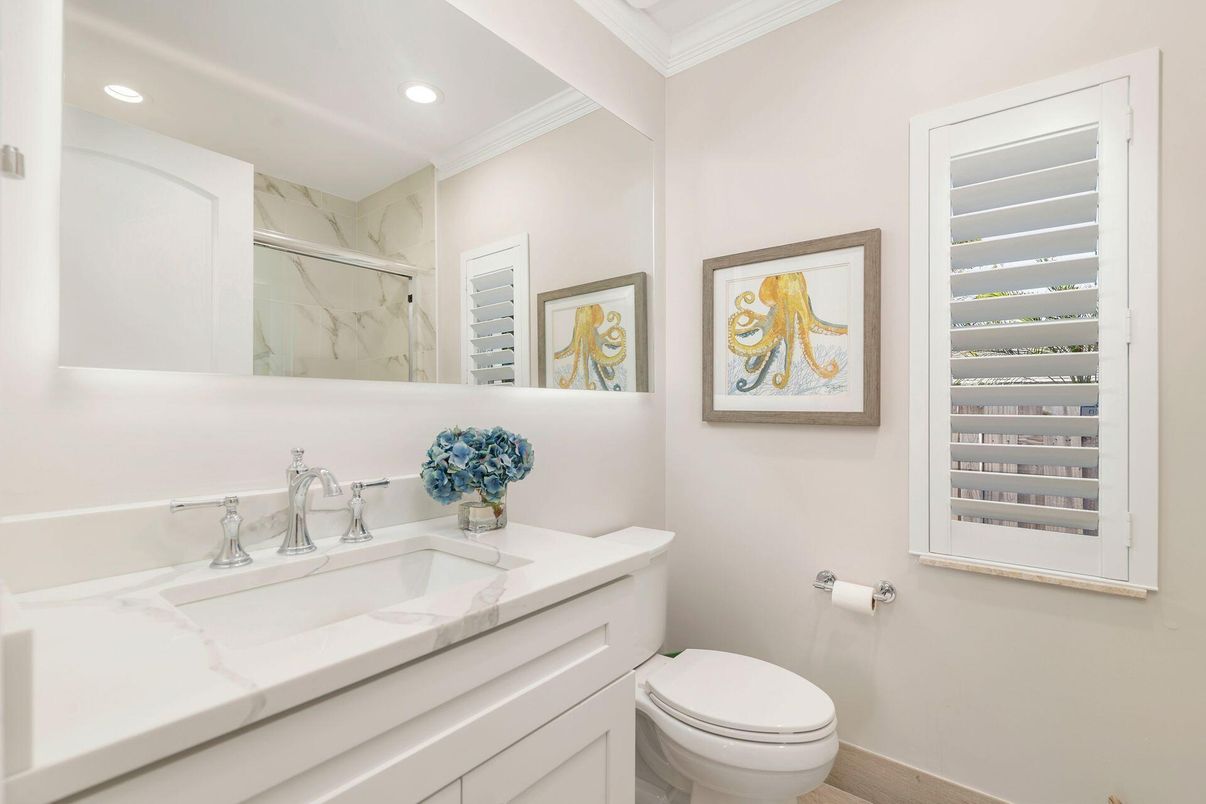 Bathroom, Interior, Marble Walls, Recessed Lighting, Wood Texture Flooring