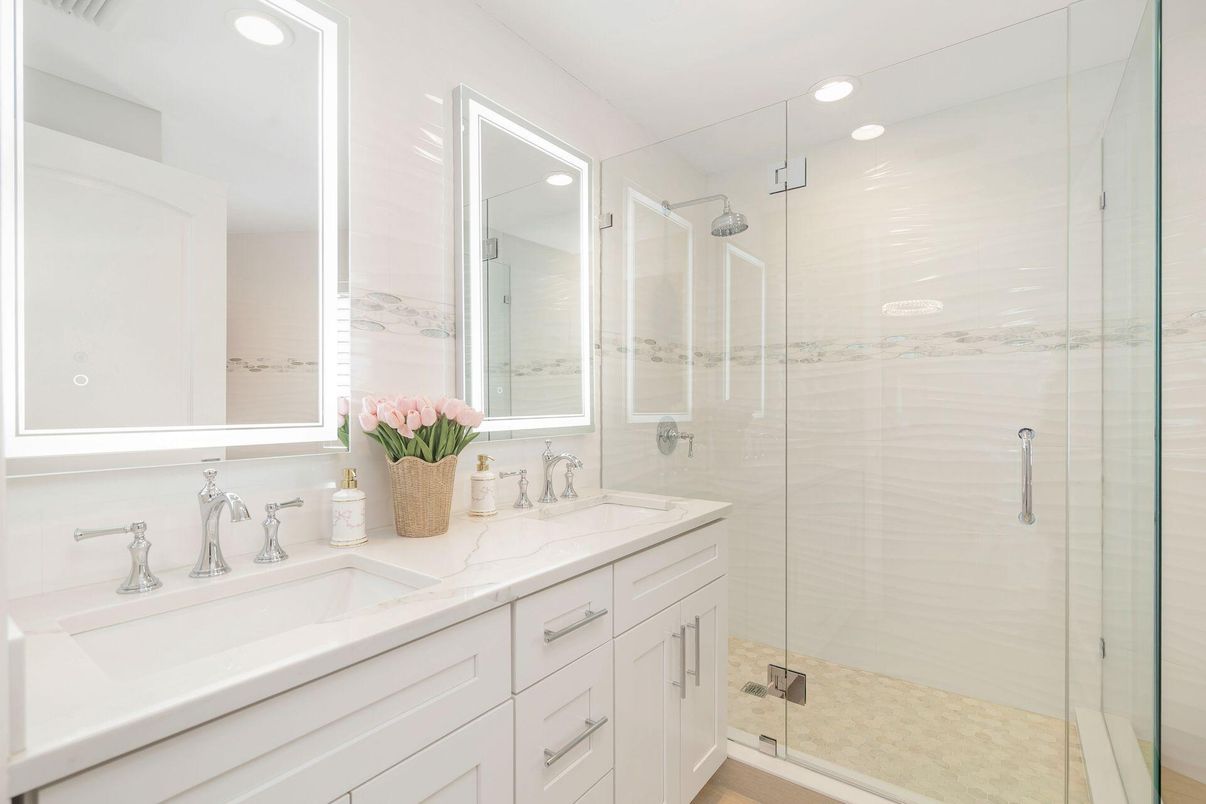 Bathroom, Dual Sink Vanities, Glass Shower, Interior, Recessed Lighting