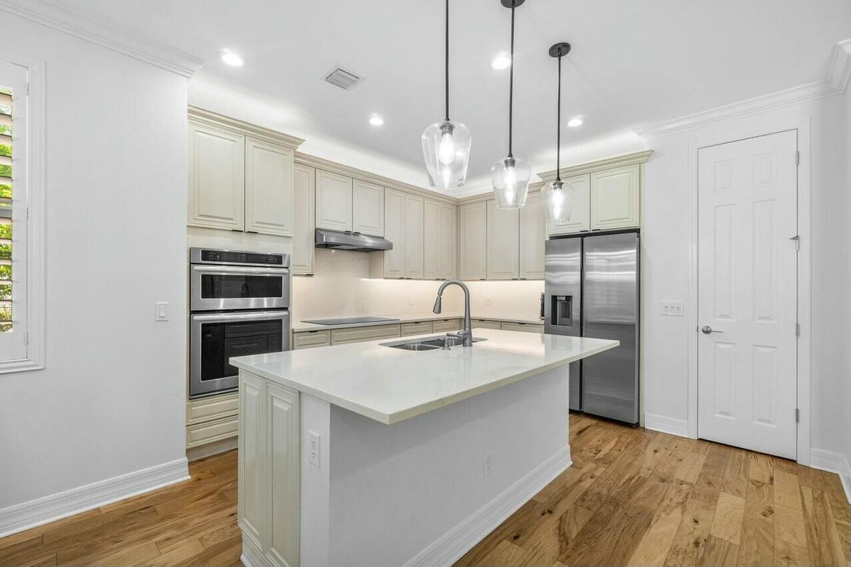 Interior, Kitchen, Pendant Lights, Recessed Lighting, Stainless Steel Appliances, Wood Texture Flooring