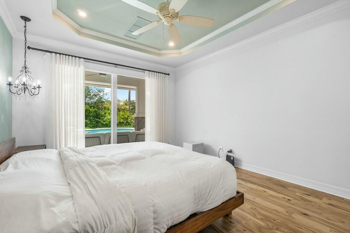Bedroom, Chandelier, Interior, Recessed Lighting, Wood Texture Flooring