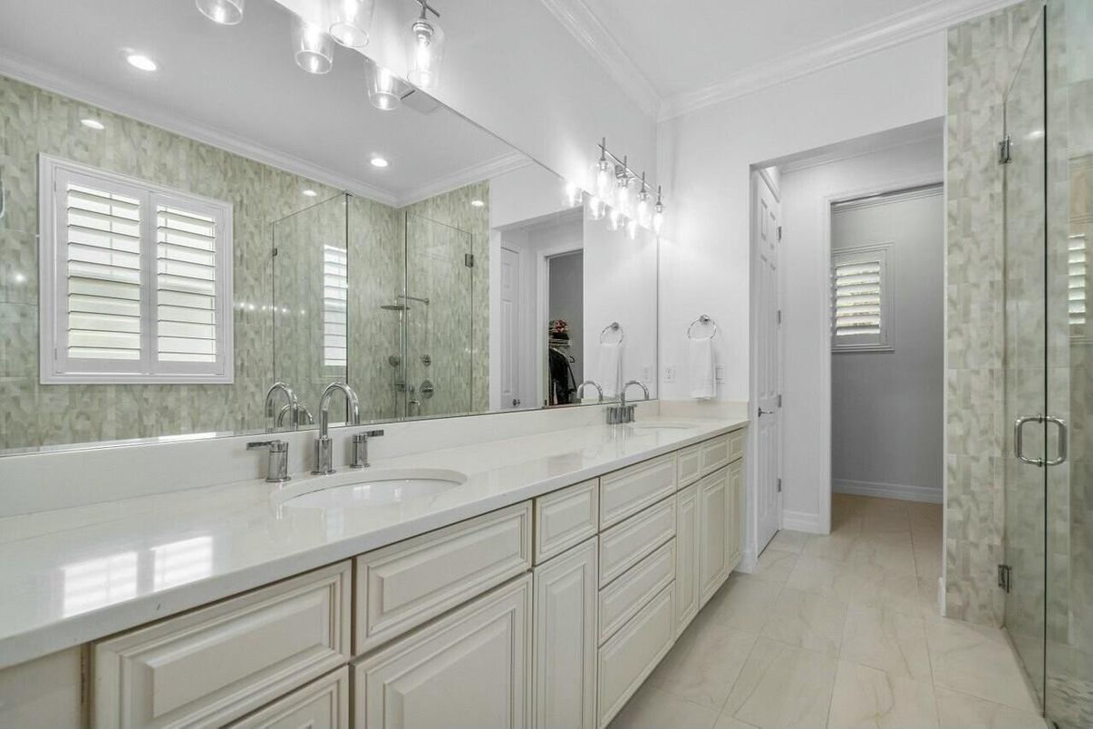 Bathroom, Dual Sink Vanities, Glass Shower, Interior, Marble, Recessed Lighting