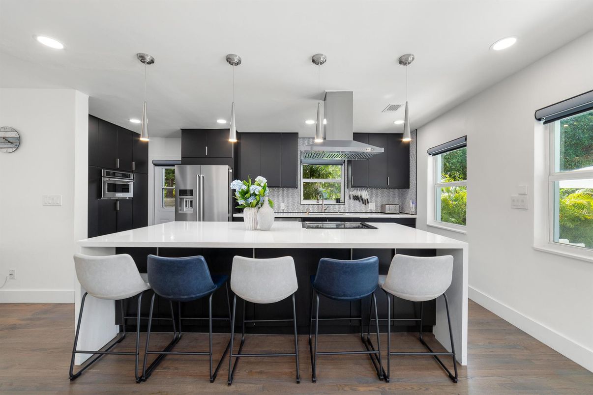 Interior, Kitchen, Pendant Lights, Recessed Lighting, Stainless Steel Appliances, Wood Texture Flooring