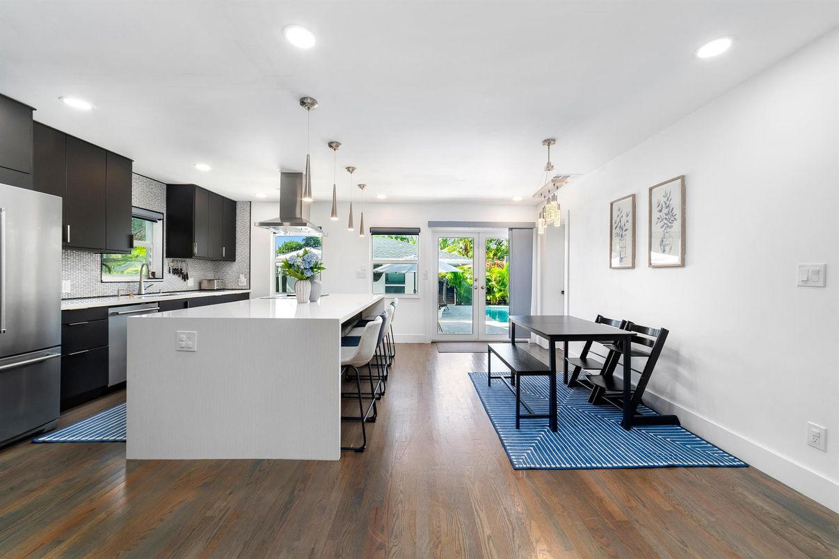 Chandelier, Interior, Kitchen, Pendant Lights, Recessed Lighting, Wood Texture Flooring