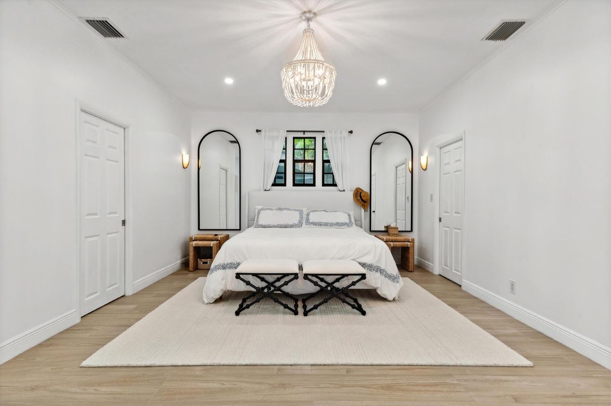 Bedroom, Chandelier, Interior, Recessed Lighting, Wood Texture Flooring