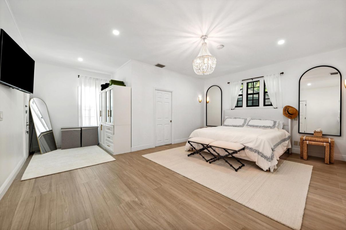 Bedroom, Chandelier, Interior, Recessed Lighting, Wood Texture Flooring