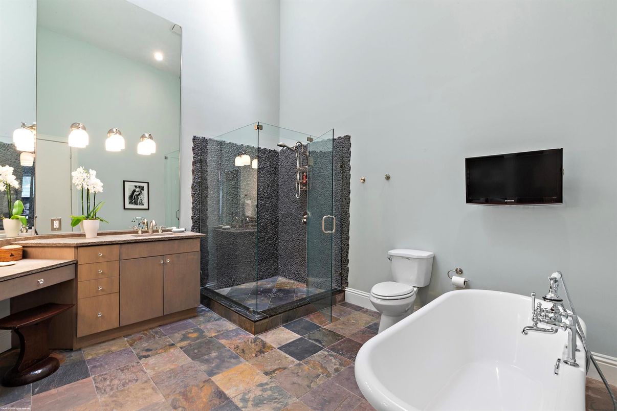 Bathroom, Free Standing Baths, Glass Shower, Interior, Recessed Lighting