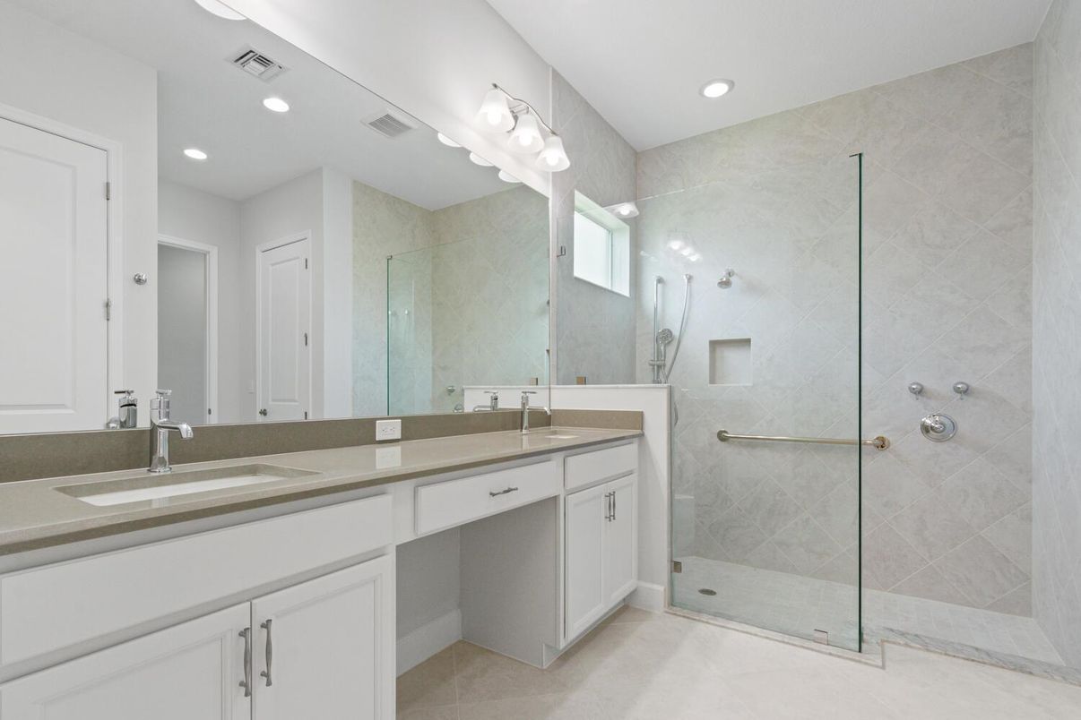 Bathroom, Dual Sink Vanities, Glass Shower, Interior, Recessed Lighting