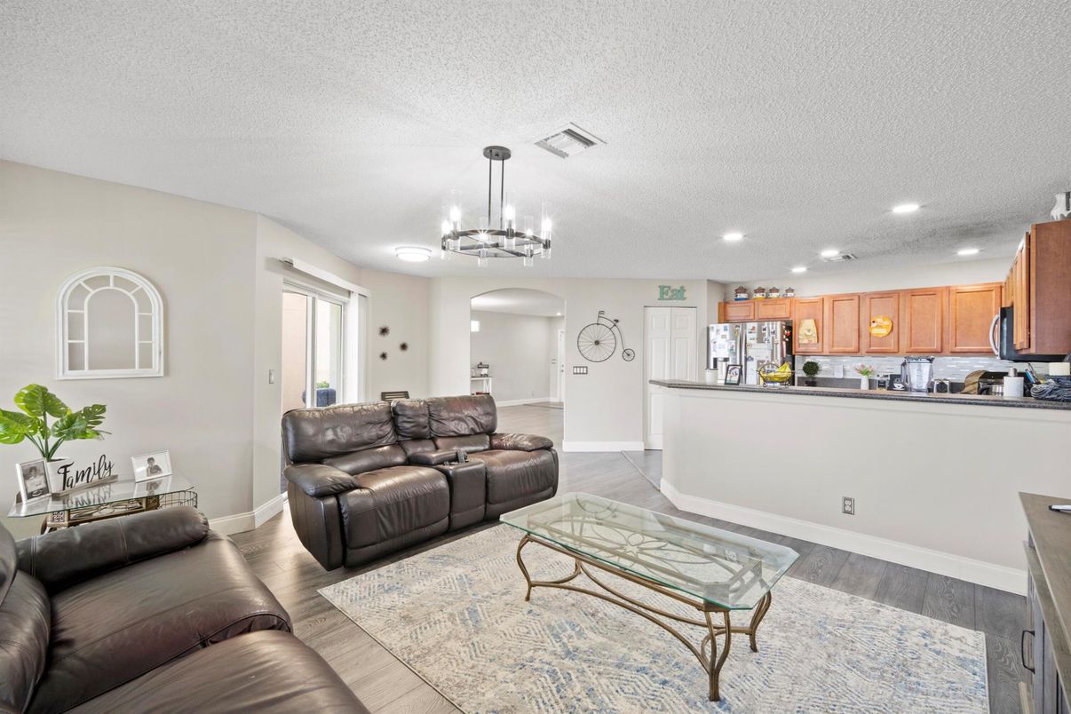 Chandelier, Interior, Kitchen, Living room, Recessed Lighting, Wood Texture Flooring