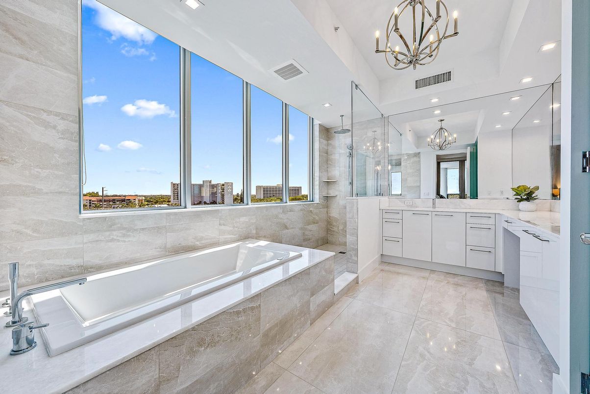 Bathroom, Chandelier, Dual Sink Vanities, Glass Shower, Interior, Recessed Lighting