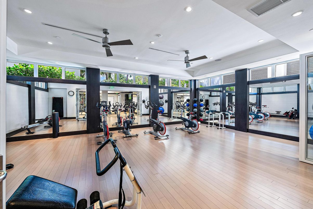 Fitness Equipment, Gym, Interior, Recessed Lighting, Wood Texture Flooring
