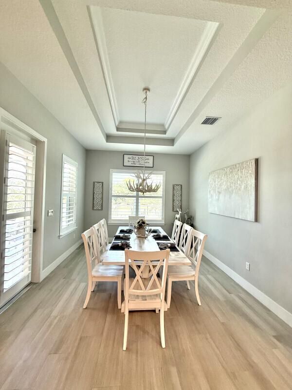 Dining room, Interior, Pendant Lights, Wood Texture Flooring