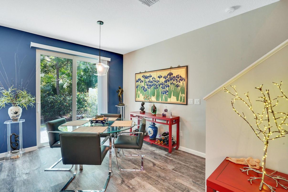 Dining room, Interior, Pendant Lights, Wood Texture Flooring