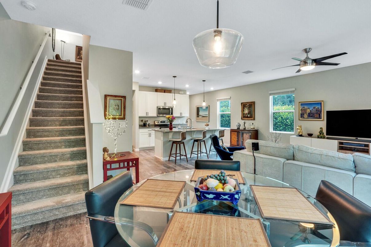 Dining room, Interior, Kitchen, Living room, Pendant Lights, Recessed Lighting, Wood Texture Flooring