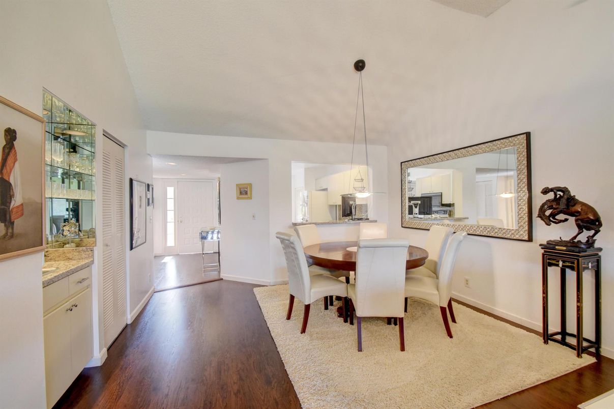 Dining room, Interior, Pendant Lights, Recessed Lighting, Wood Texture Flooring