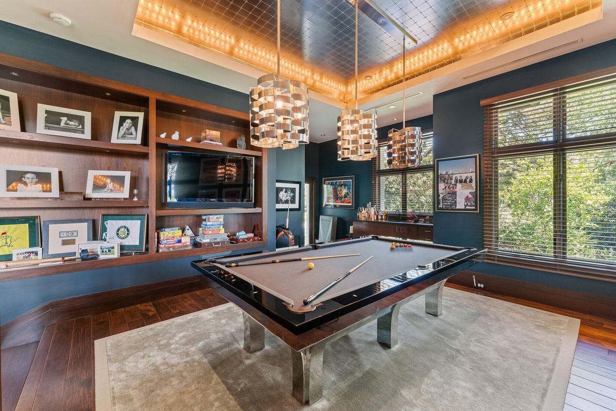 Billiard Table, Game Room, Interior, Pendant Lights, Wood Texture Flooring