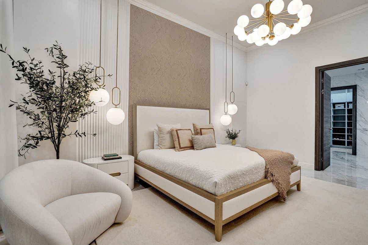 Bedroom, Interior, Marble, Pendant Lights