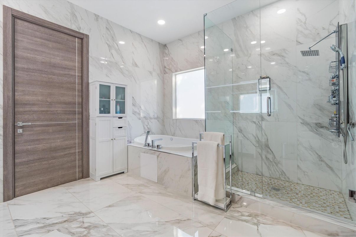 Bathroom, Glass Shower, Interior, Marble, Marble Walls, Recessed Lighting