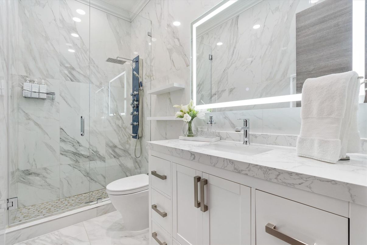 Bathroom, Glass Shower, Interior, Marble, Marble Walls, Recessed Lighting