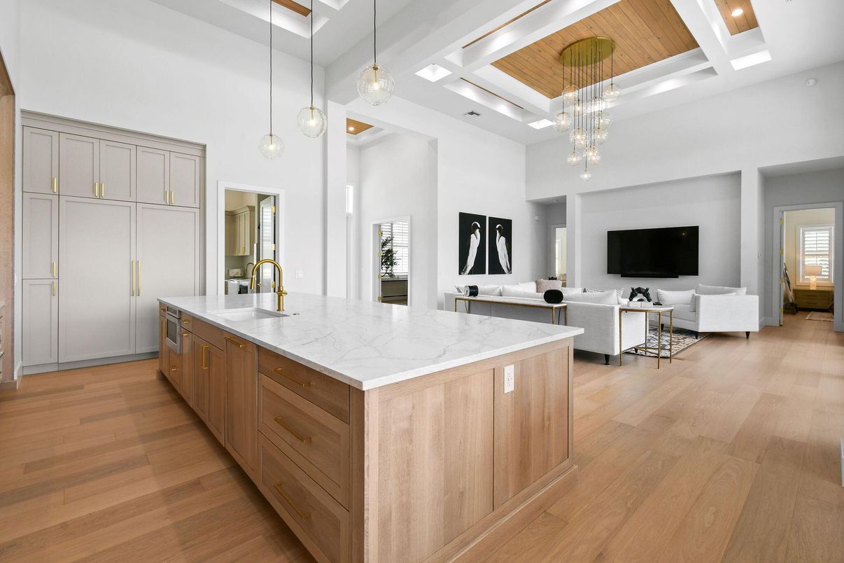 Interior, Kitchen, Living room, Pendant Lights, Recessed Lighting, Wooden Ceilings, Wood Texture Flooring