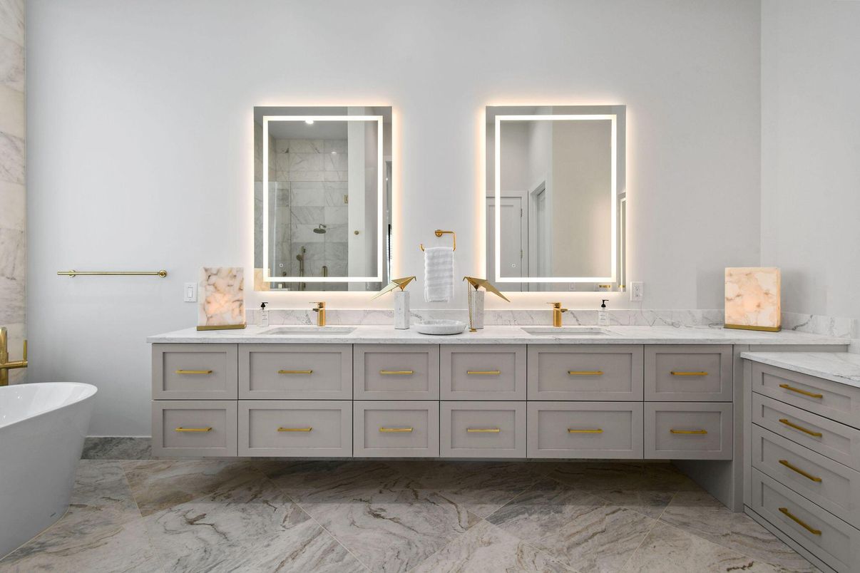 Bathroom, Dual Sink Vanities, Free Standing Baths, Interior, Marble, Marble Walls