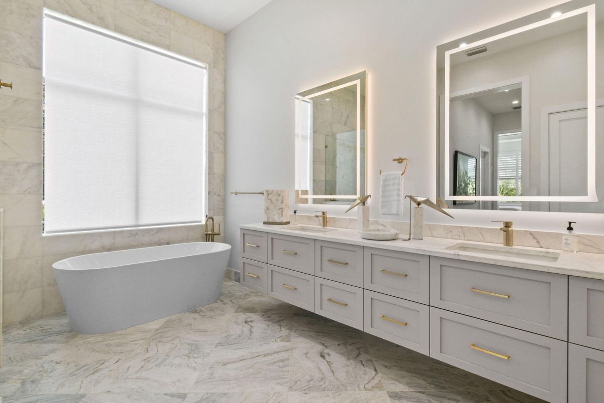 Bathroom, Dual Sink Vanities, Free Standing Baths, Interior, Marble, Marble Walls, Recessed Lighting