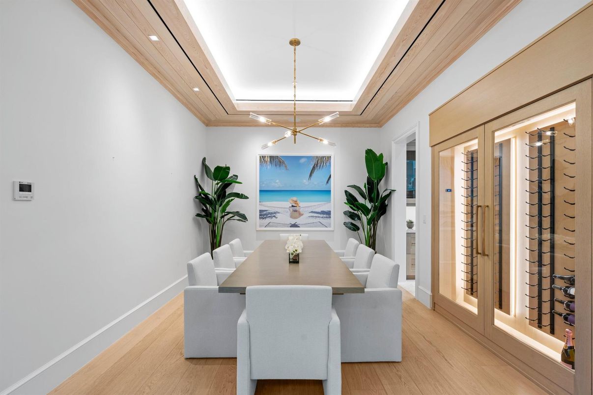 Dining room, Interior, Pendant Lights, Recessed Lighting, Wine Storage, Wood Texture Flooring