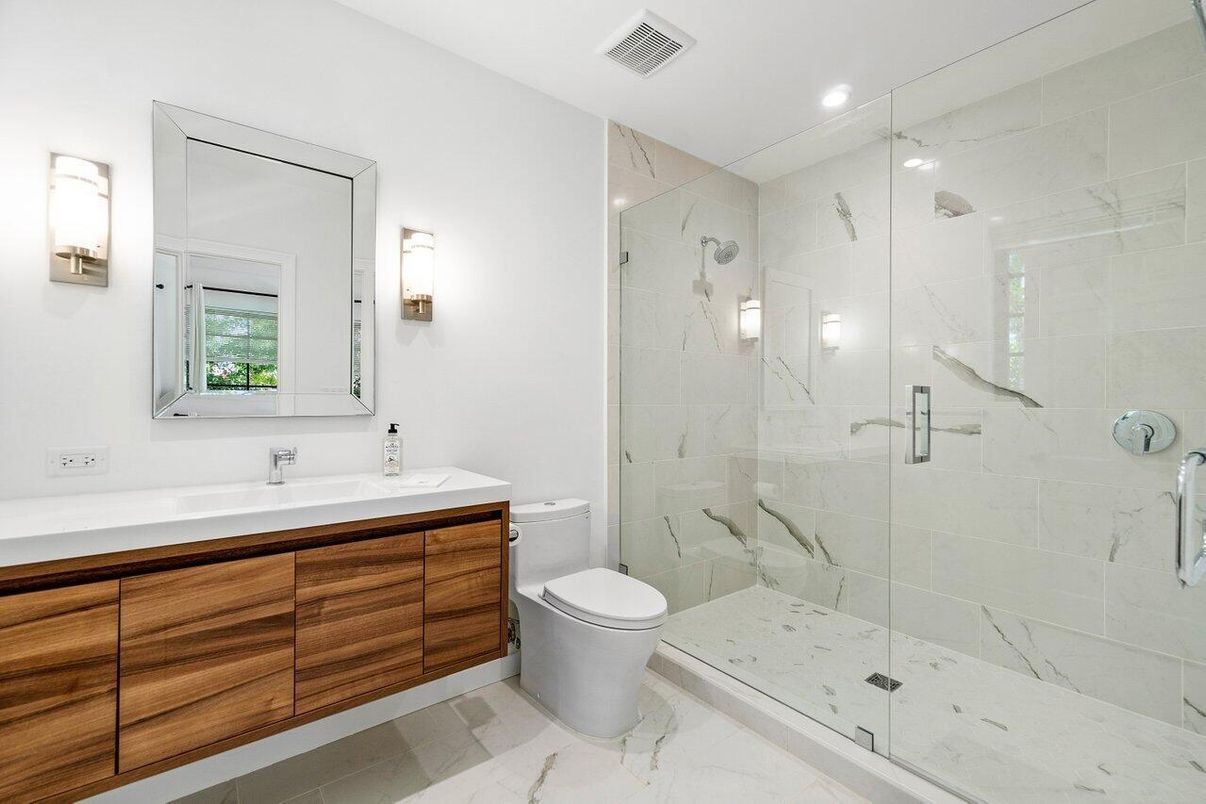Bathroom, Glass Shower, Interior, Marble, Marble Walls, Recessed Lighting