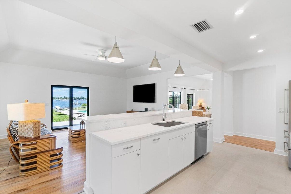 Interior, Kitchen, Recessed Lighting, Stainless Steel Appliances, Water, Wood Texture Flooring