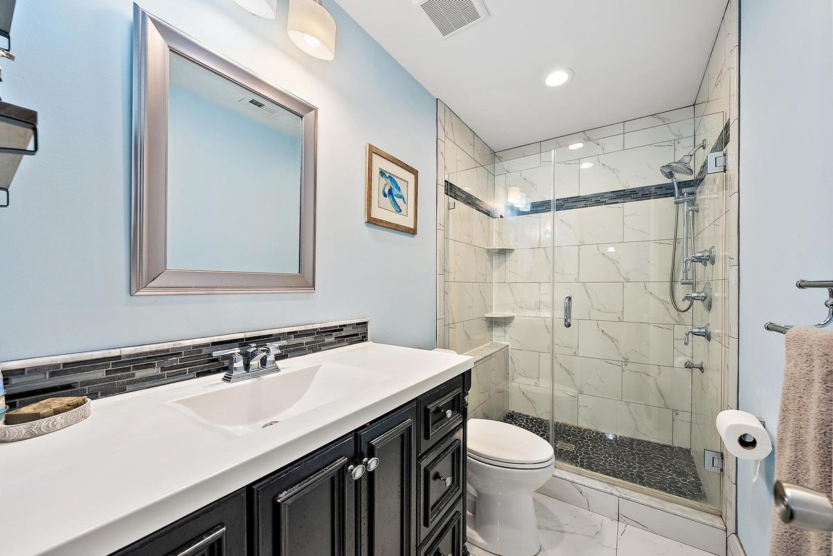 Bathroom, Glass Shower, Interior, Marble, Marble Walls, Recessed Lighting