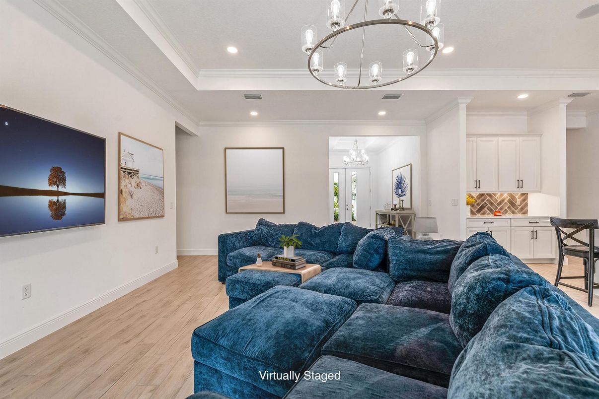 Chandelier, Interior, Living room, Recessed Lighting, Wood Texture Flooring