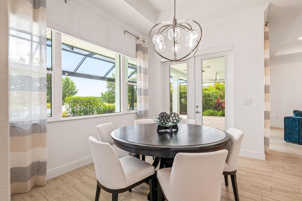 Dining room, Interior, Pendant Lights, Recessed Lighting, Wood Texture Flooring