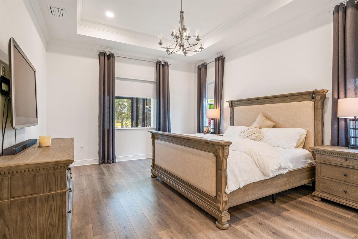 Bedroom, Chandelier, Interior, Recessed Lighting, Wood Texture Flooring