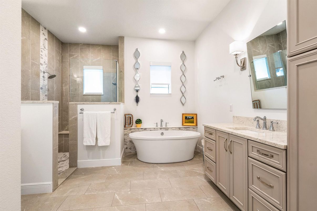 Bathroom, Dual Sink Vanities, Free Standing Baths, Glass Shower, Interior, Recessed Lighting