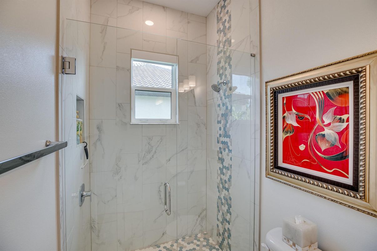 Bathroom, Glass Shower, Interior, Marble Walls, Recessed Lighting