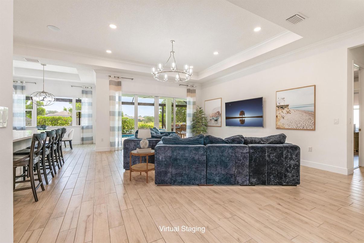 Chandelier, Dining room, Interior, Living room, Pendant Lights, Recessed Lighting, Wood Texture Flooring