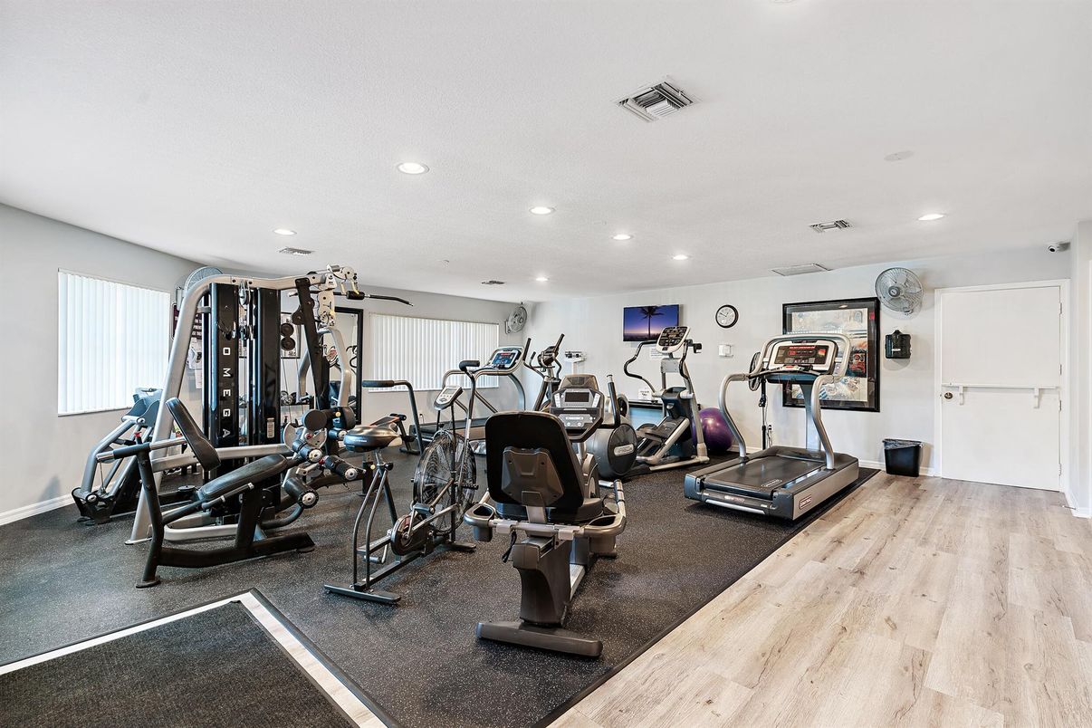 Fitness Equipment, Gym, Interior, Recessed Lighting, Wood Texture Flooring