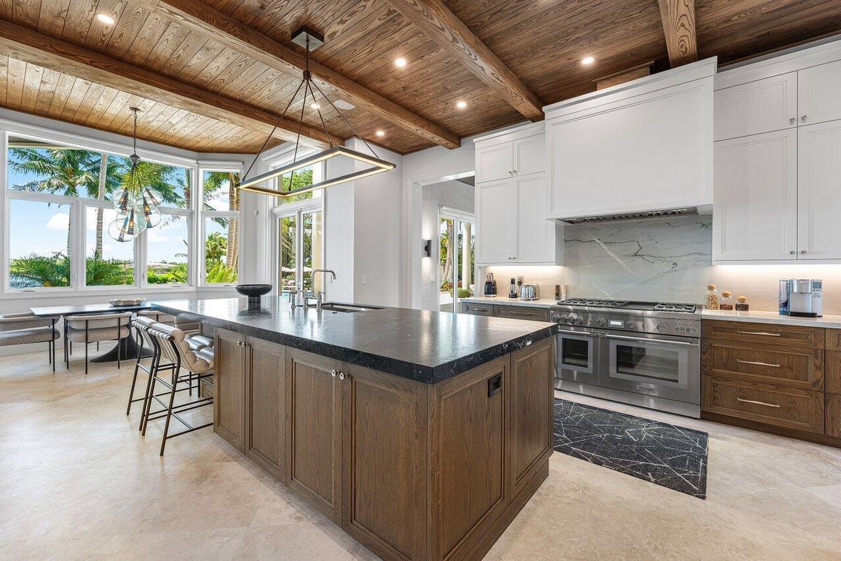 Interior, Kitchen, Pendant Lights, Recessed Lighting, Stainless Steel Appliances, Wooden Beams, Wooden Ceilings