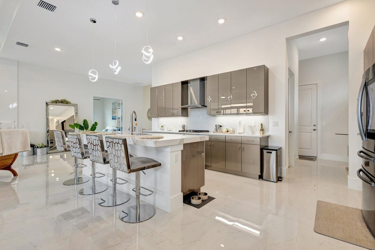 Interior, Kitchen, Marble, Pendant Lights, Recessed Lighting, Stainless Steel Appliances